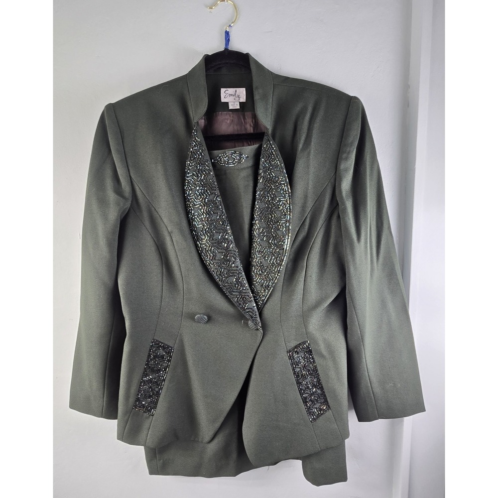 Emily Women Double Breasted Green Beaded 2-pc Skirt Suit size 12